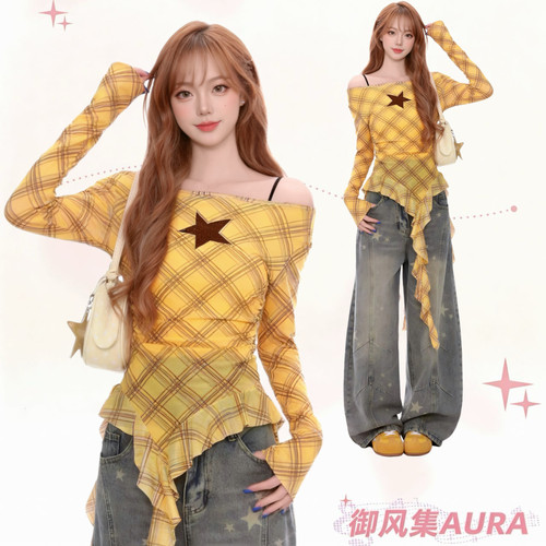 AURA星星格纹一字肩显瘦上衣