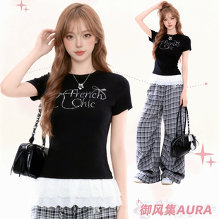 AURA正肩黑色蕾丝花边夏季短袖潮女修身显瘦正肩T恤小众百搭上衣