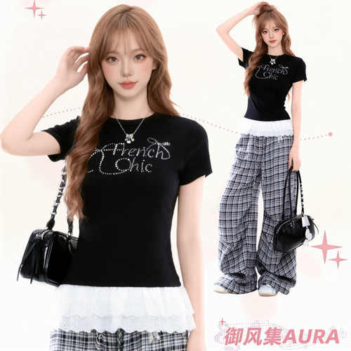 AURA正肩黑色蕾丝显瘦短袖T恤