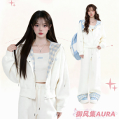 AURA学院风韩版 两件套 套装 运动连帽卫衣套装 女格子上衣休闲阔腿裤