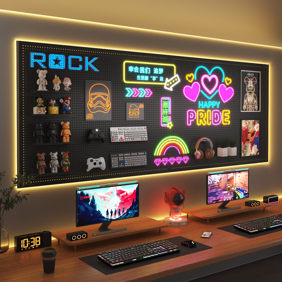 定制电竞房洞洞板置物架墙上电脑桌收纳艺金属冲孔板挂墙架造型墙,住宅家具,搁板/置物架/家用陈列架,淘宝优惠券,粉丝福利购,淘宝优惠卷