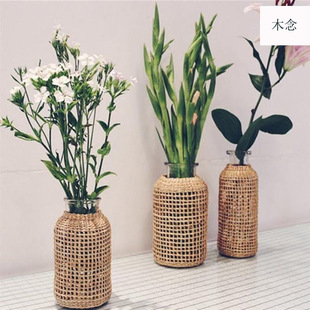 徐行工艺草编玻璃干花花瓶日系小花瓶简约创意水养植物插干花大号