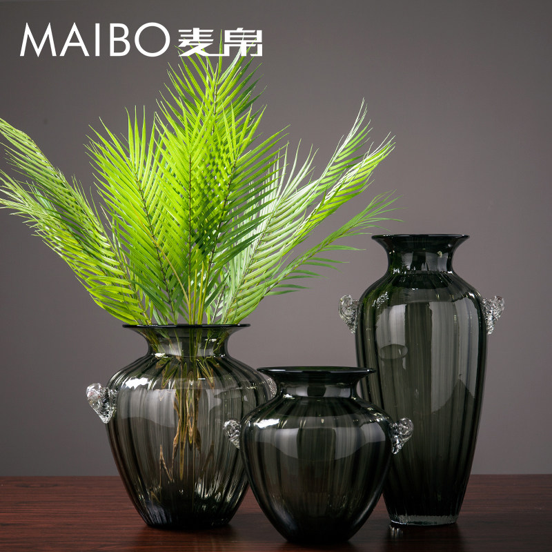 麦帛现代简约玻璃花瓶号酒店落地培花器灰黑色