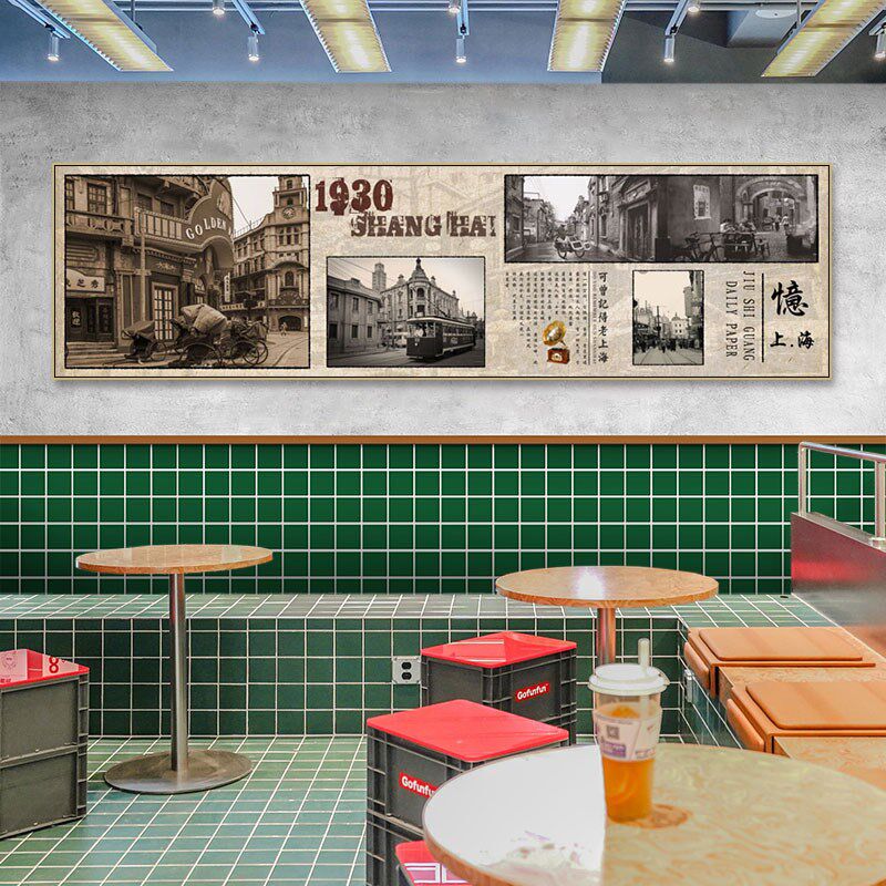 怀旧复古装饰画老上海建筑海报报纸壁画云吞店民国风餐厅挂画