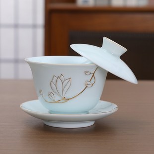 家用 可悬停盖碗单个带盖陶瓷三才泡茶碗茶杯影青描金功夫茶具中式