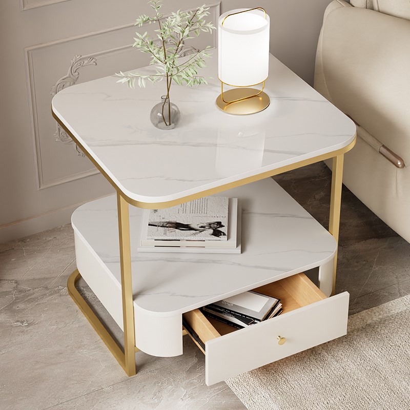 奶油风岩板边几轻奢高级感沙发床头边柜小方桌极简客厅双层小茶几