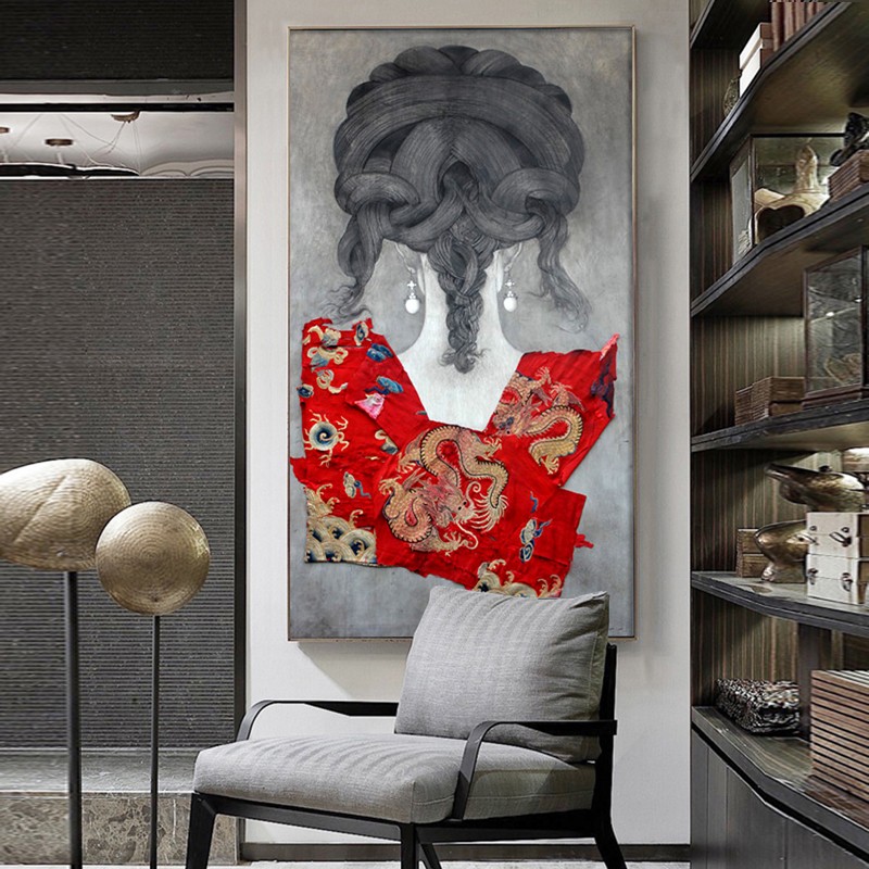 中式复古人物画巨幅竖版背影女人壁画酒店堂金属框画