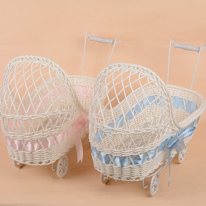 现代家居品摆设 藤编工艺品婴儿车小推车收纳筐