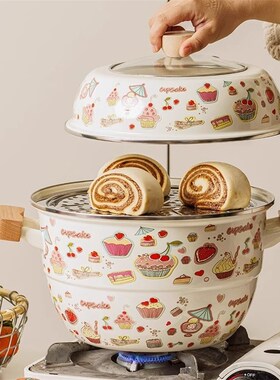 加厚双层搪瓷蒸锅烫木柄炖锅高盖蒸包子馒头双耳汤锅电磁炉通用