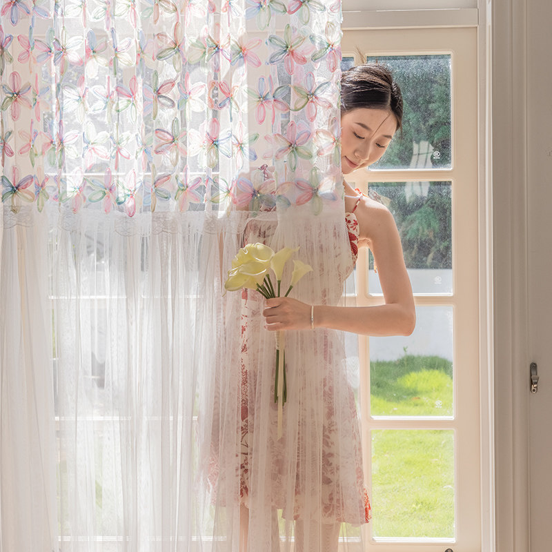 韩式唯美拼接窗纱花边绣花刺绣半遮光彩色花朵纱帘阳台成品帘