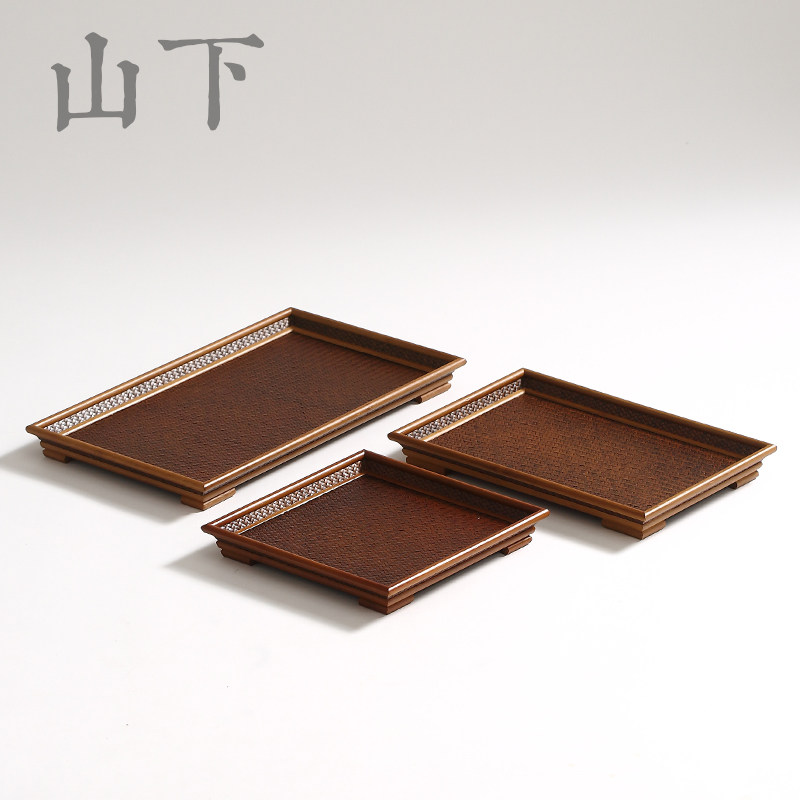 竹席面茶具收纳盘古文盘茶室茶盘奉茶盘盛果盘竹编茶盘