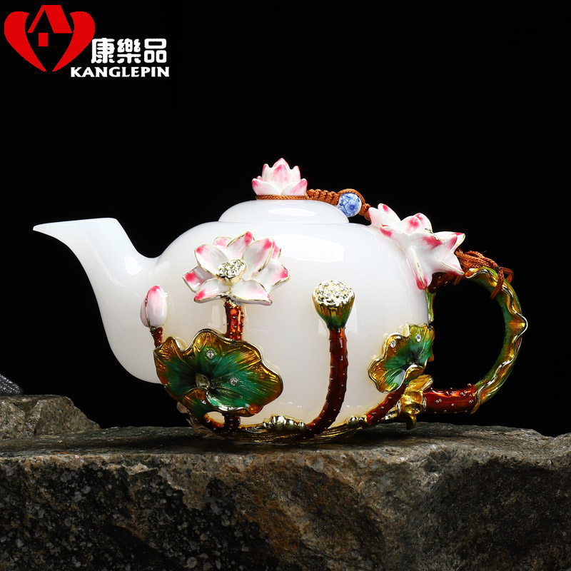 单壶家用泡茶功夫茶具套装中式白玉瓷茶壶珐琅彩过滤网琉璃提梁壶