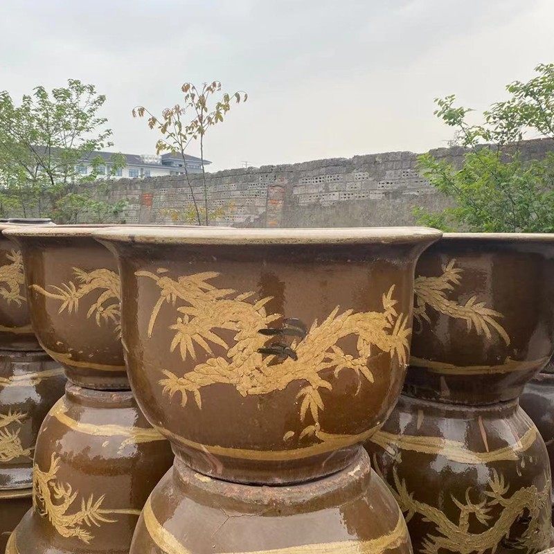 田园风格黑釉堆龙大花盆 特大型家用圆形绿植陶瓷龙盆