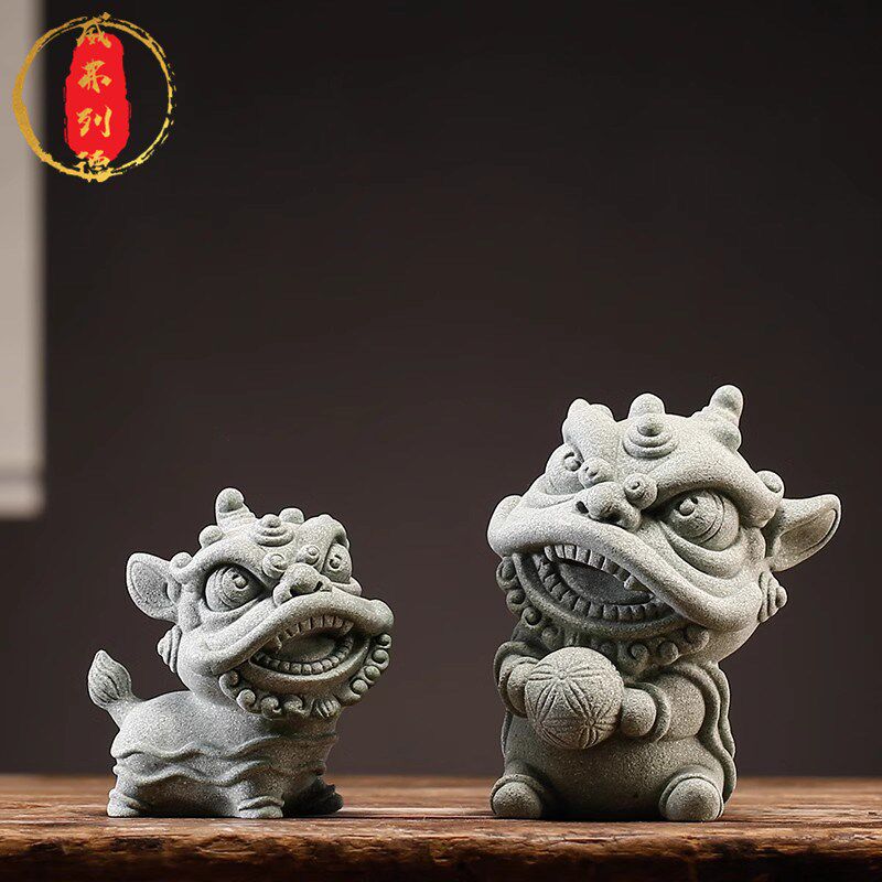 威弗列德国风招财舞狮家居青砂石瑞兽麒麟景观装饰品茶桌动物摆件