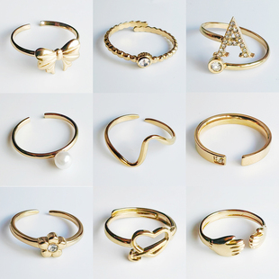 金色开口素圈戒指女蝴蝶结珍珠字母爱心异形环绕可调节不锈钢指环
