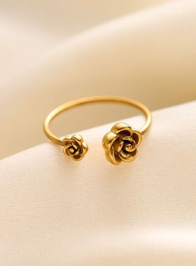 日韩风双玫瑰钛钢开口女戒不掉色