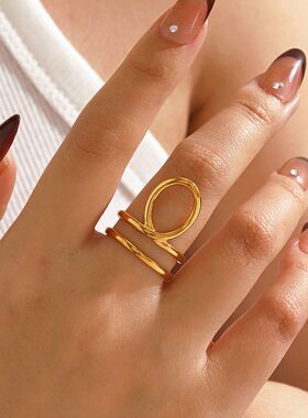 欧美时尚流行不锈钢简约风18K镀金线条开口戒指百搭几何椭圆指环