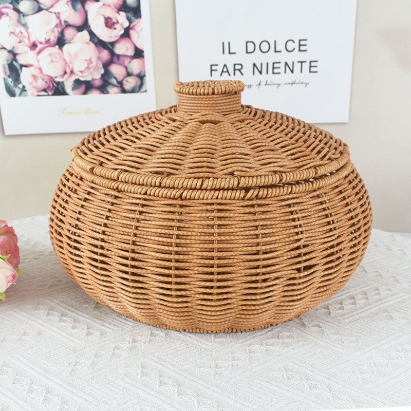 仿藤编织水果篮带盖圆形零食收纳筐藤编鸡蛋篮储物收纳盒馒头筐子,收纳整理,收纳筐,淘宝优惠券,粉丝福利购,淘宝优惠卷
