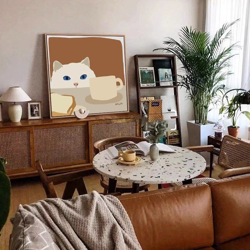偷喝牛奶的猫咪背景墙画女孩床头挂画