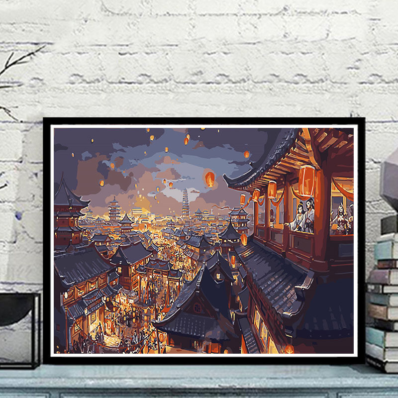 数字油画风景唯美古风夜景孔明手绘填涂色油彩画 华初上