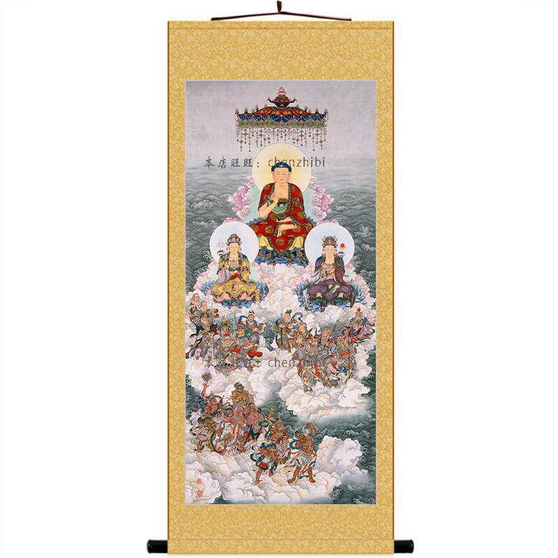 东方三圣画像挂画药师佛月光日光菩萨佛像画卷轴画佛堂装饰画