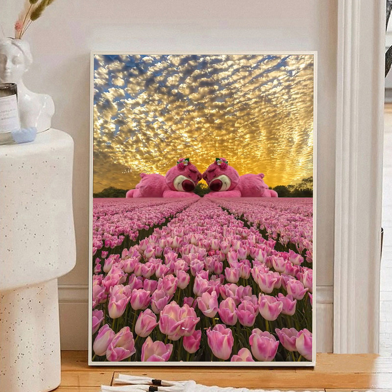 郁金香花海钻石画满钻件粘贴十字绣草莓熊