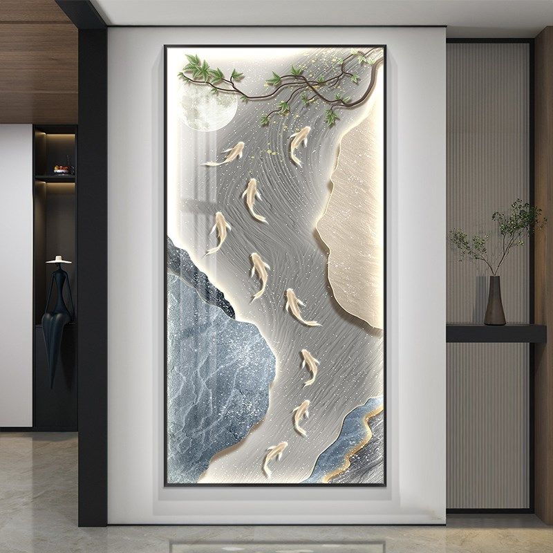 九鱼图玄关挂画楼梯间气走廊过道壁画画