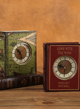 复古木质书形钟表假书摆件家用客厅酒柜桌面装饰品收纳盒拍照道具