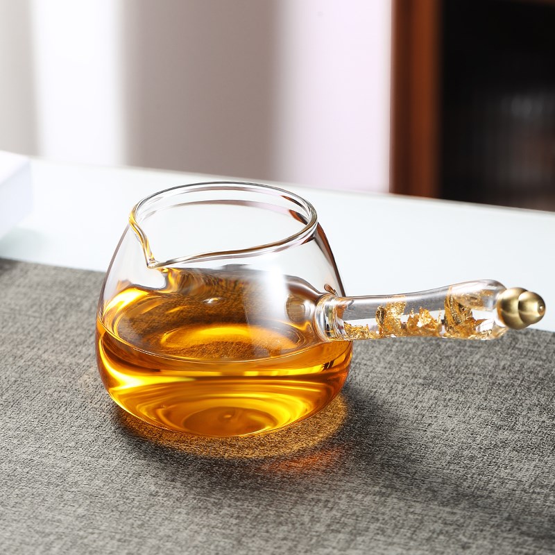 金箔玻璃公道杯高档侧把过滤分茶器透明公杯功夫茶海X配件茶漏套