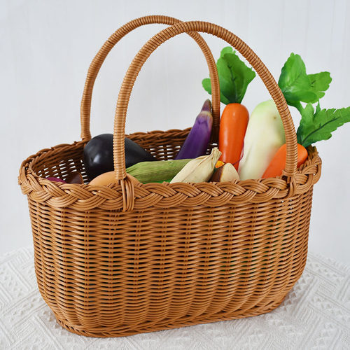 仿藤编织收纳筐手提野餐篮椭圆形买菜篮购物篮子采摘果篮礼品篮