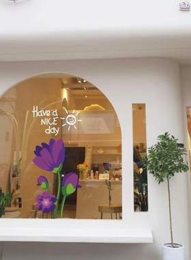 ins紫色花朵橱窗玻璃贴纸静电网红拍照打卡店铺商铺门贴窗贴花