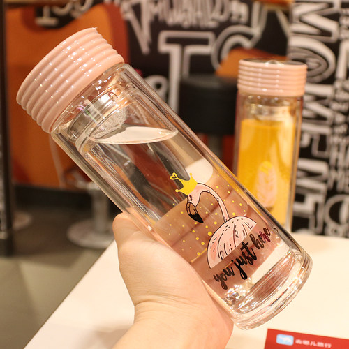 小清新双层玻璃杯 韩式耐热350ml带盖便携学生水瓶 水杯玻璃耐热