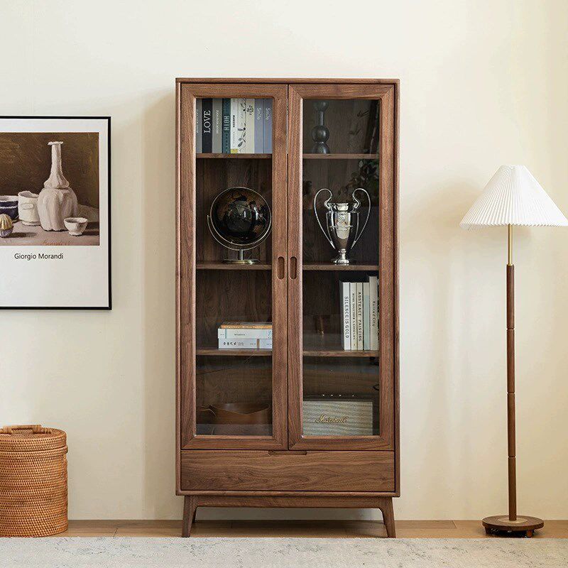 北美黑胡桃木原木小型玻璃门酒柜樱桃木客厅展示柜橡木书柜