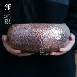 无砚纯手工紫铜茶洗纯铜建水笔洗红铜水洗钵盂加厚铜水盂铜钵重器