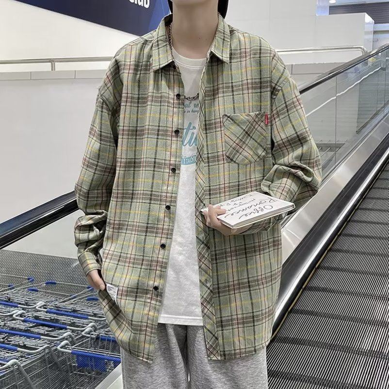 港风格子衬衫男士复古百搭春秋长袖韩版宽松衬衣潮流ins帅气外套