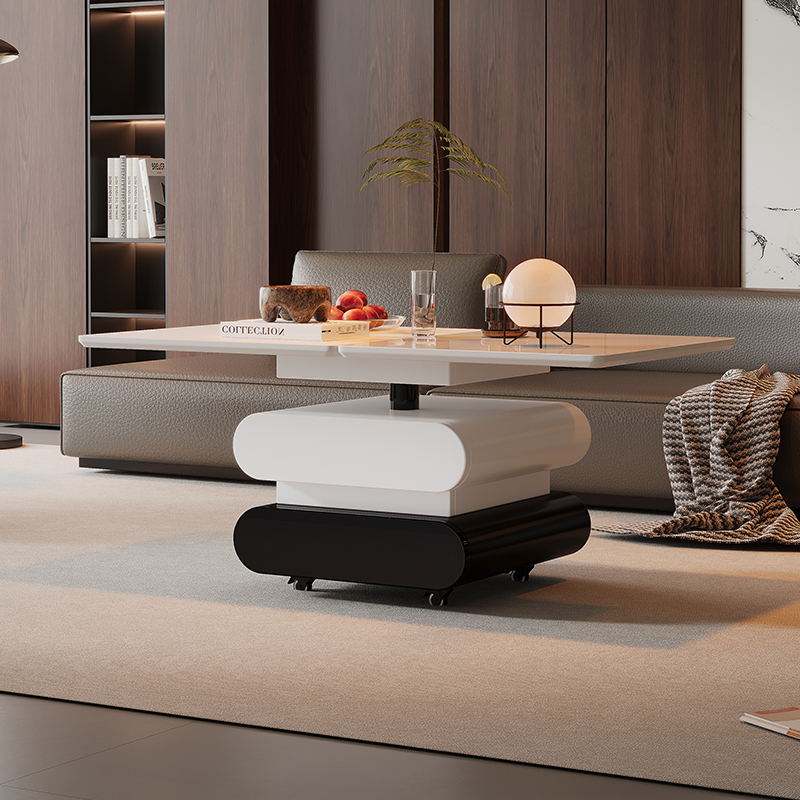 意式极简可移动茶几升降折叠旋转餐桌长方形客厅家用小推车边几