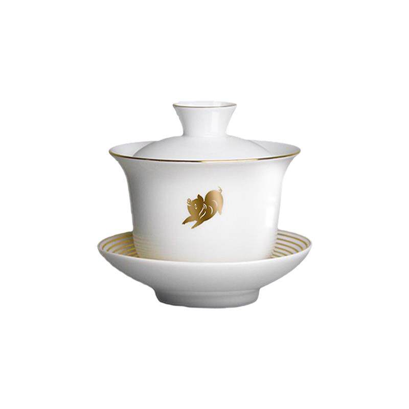 大益茶具生肖福运盖碗茶杯白玉瓷薄胎烫金功夫三才茶碗单个益工坊