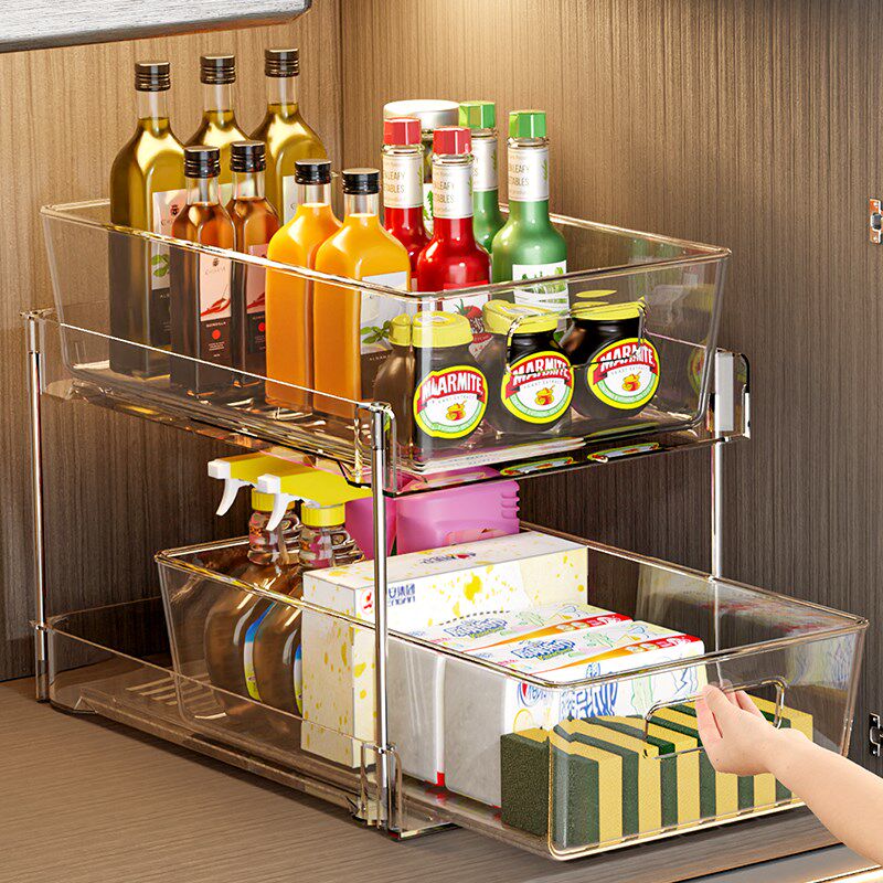 厨房下水槽置物架台盆下拉篮抽拉式透明调味料收纳橱W柜内分层架