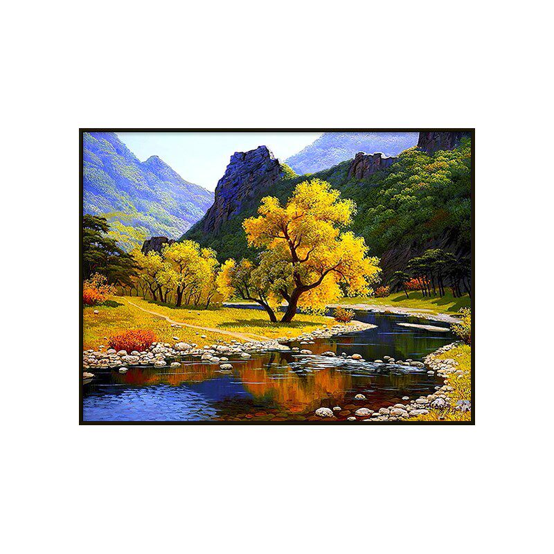 流水生财山水风景餐厅o装饰画大芬村油画手绘玄关挂画饭厅餐桌壁