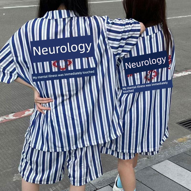 抖音同款精神院病衣服情侣睡衣条纹短袖家居服出院留念病号服男Y