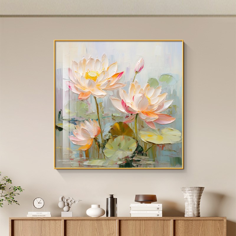 奶油风荷花装饰画肌理感花卉餐厅挂画书房茶室小尺寸挂画桌面摆画