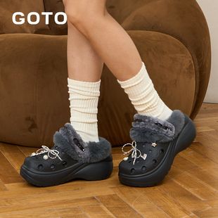GOTO桃心花朵加绒洞洞鞋女厚底增高保暖棉拖鞋外穿防滑毛毛鞋暖靴