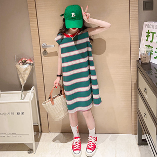 女童夏季T恤裙2023新款中大童条纹长t儿童洋气无袖连衣裙背心裙子
