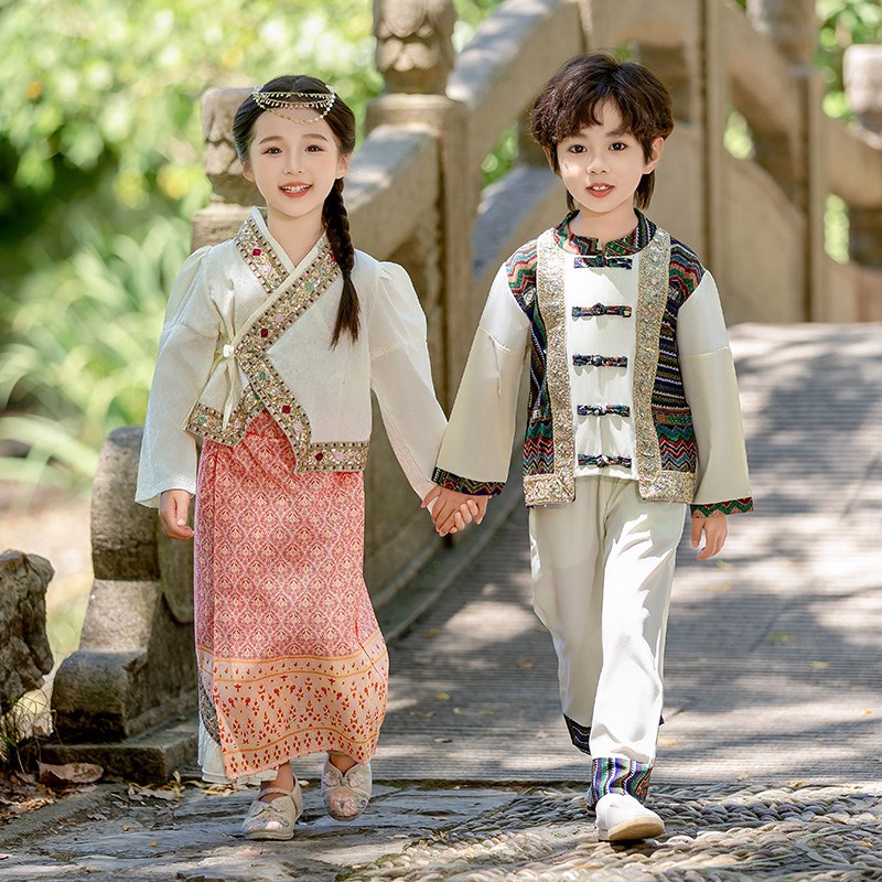 少数民族服装傣族苗族汉服三月三儿童云南男女童表演服维吾尔族潮