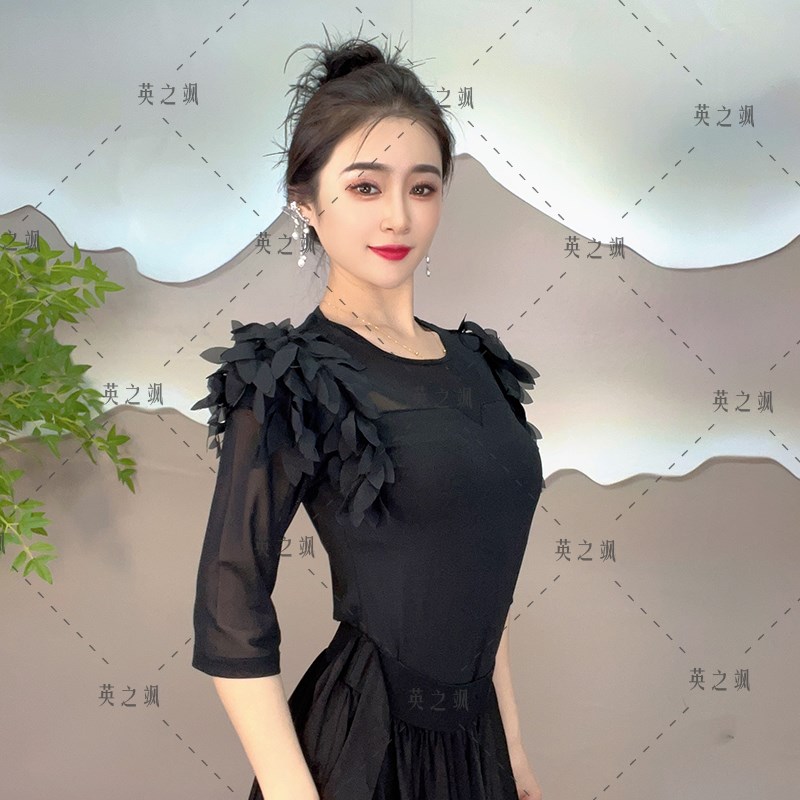 2181英之飒树叶五分袖广场舞吉特巴水兵时尚舞蹈连体上衣跳舞服装