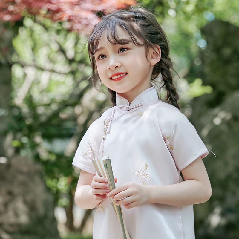 朝奈全开襟真丝包边儿童旗袍女夏季民国风民国装女童夏女宝粉色