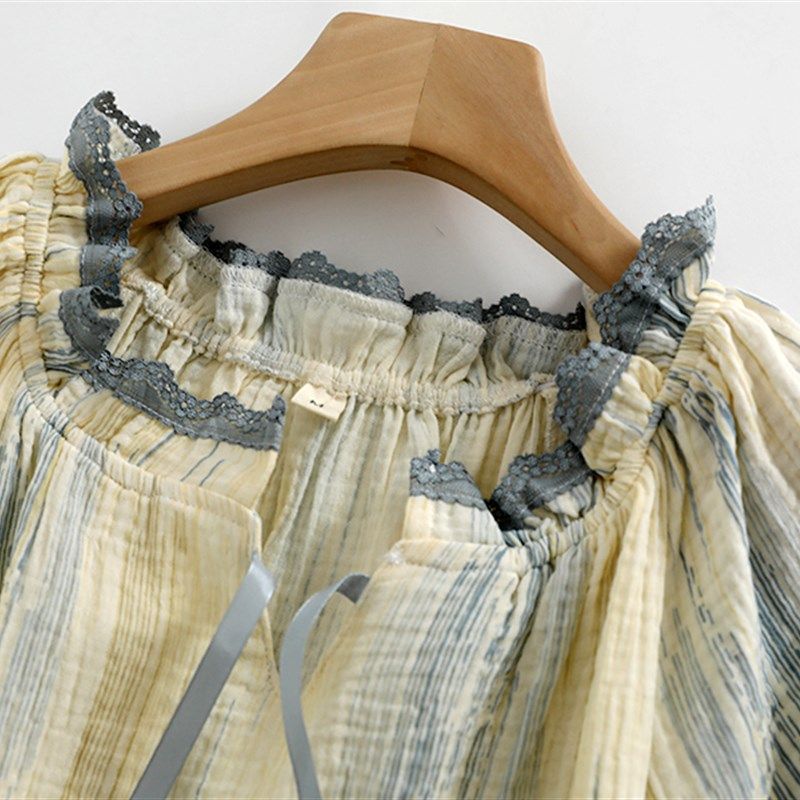 法式宫廷风蕾丝睡衣女纯棉纱短袖短裤飘带套头宽松家居睡眠服薄款