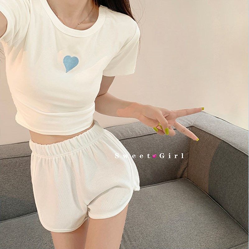 夏季新款睡衣女士薄款纯棉短款上衣白色纯棉性感紧身外穿学生套装