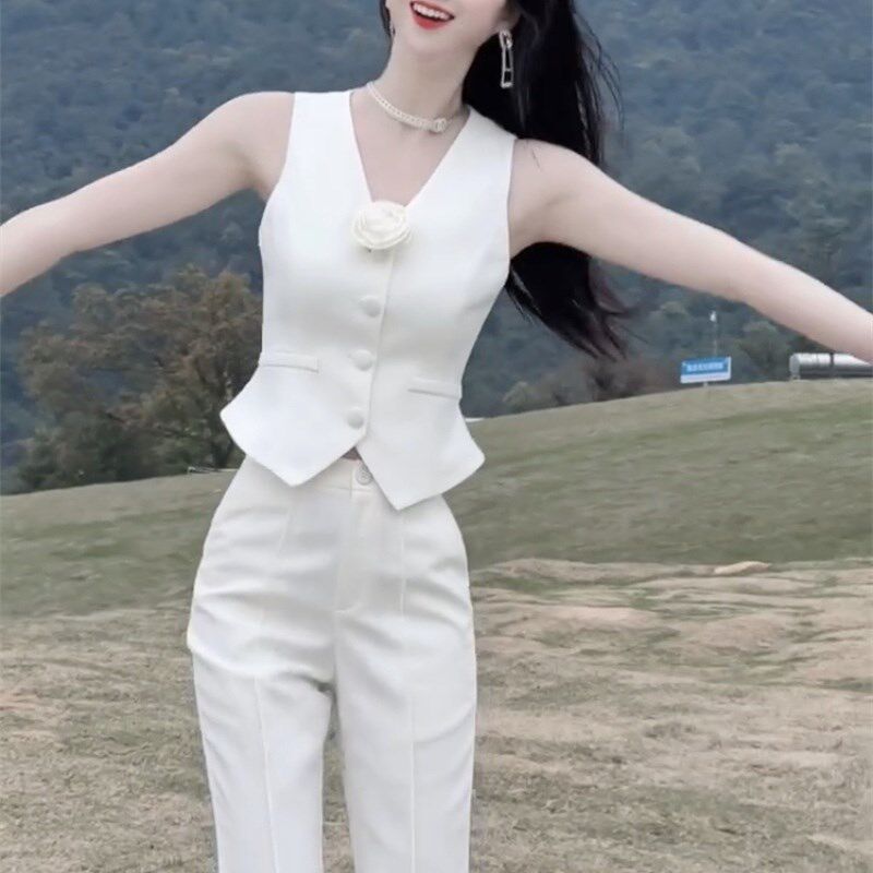 2024年夏季新款V领无袖气质马甲名媛西装套装显瘦阔腿裤两件套女