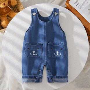 婴儿牛仔背带裤春秋护肚男宝宝裤子按扣开裆外出童裤卡通女宝童装